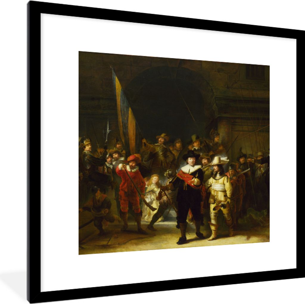 MuchoWow Gerahmtes Poster Die Nachtwache - Rembrandt van Rijn 40x40 cm - Poster mit Schwarzem Bilderrahmen Wandposter Rahmen Foto Bilder - Poster...