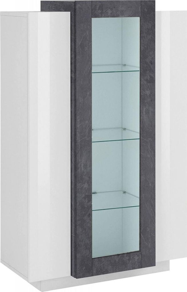 Vitrine Kevin, Sideboard mit drei Türen, Mehrzweck-Wohnzimmermöbel, 100% Italy, cm 80x38h121, glänzend weiß und Schiefer