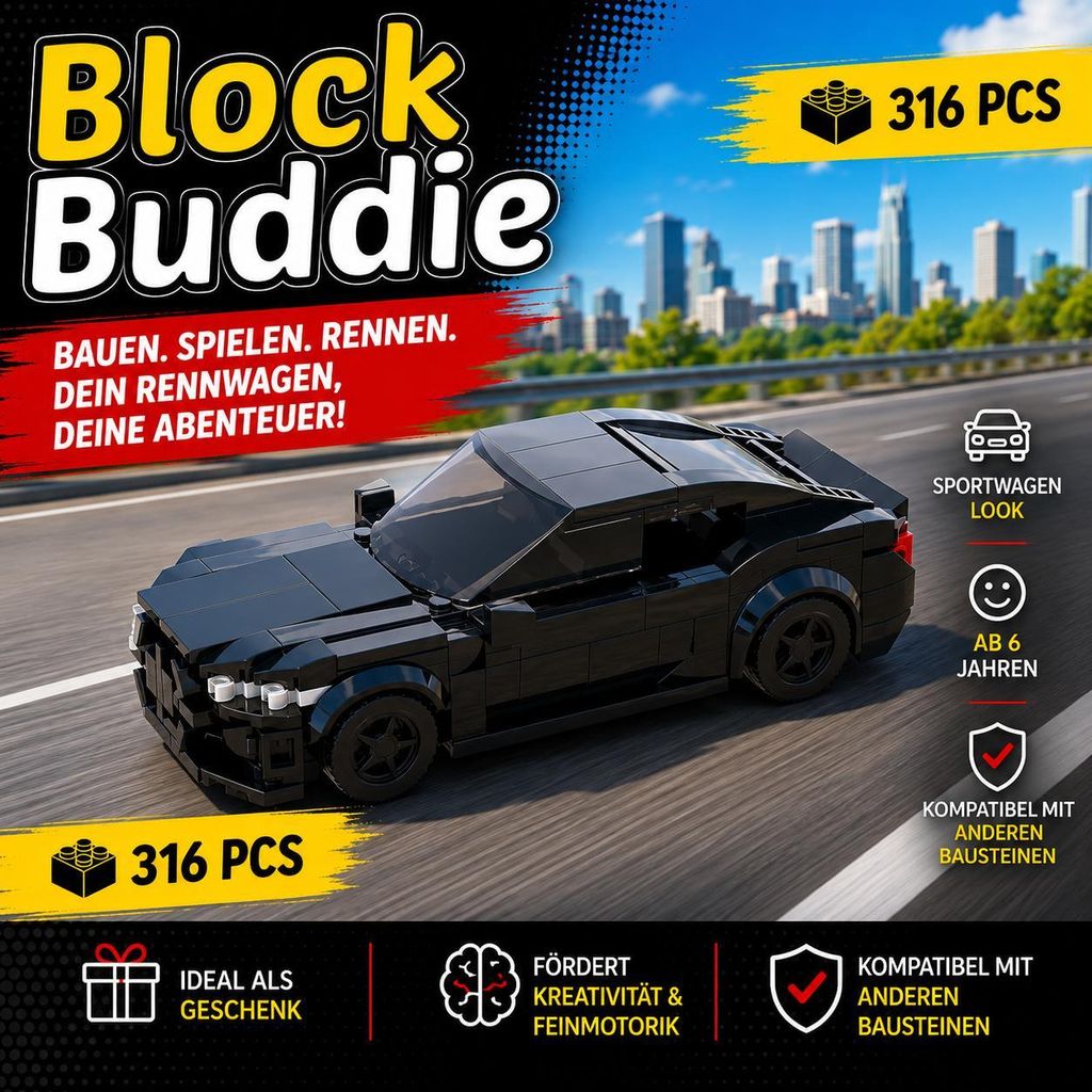BlockBuddie M4 Competition inspirierter Sportwagen MOC– 316 Teile – Klemmbaustein Set