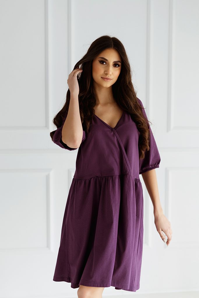 DOLCE SONNO Stillnachthemd – Umstandsnachthemd - Nachthemd für Schwangere und Stillende - 100% Baumwolle – MEGI PURPLE M