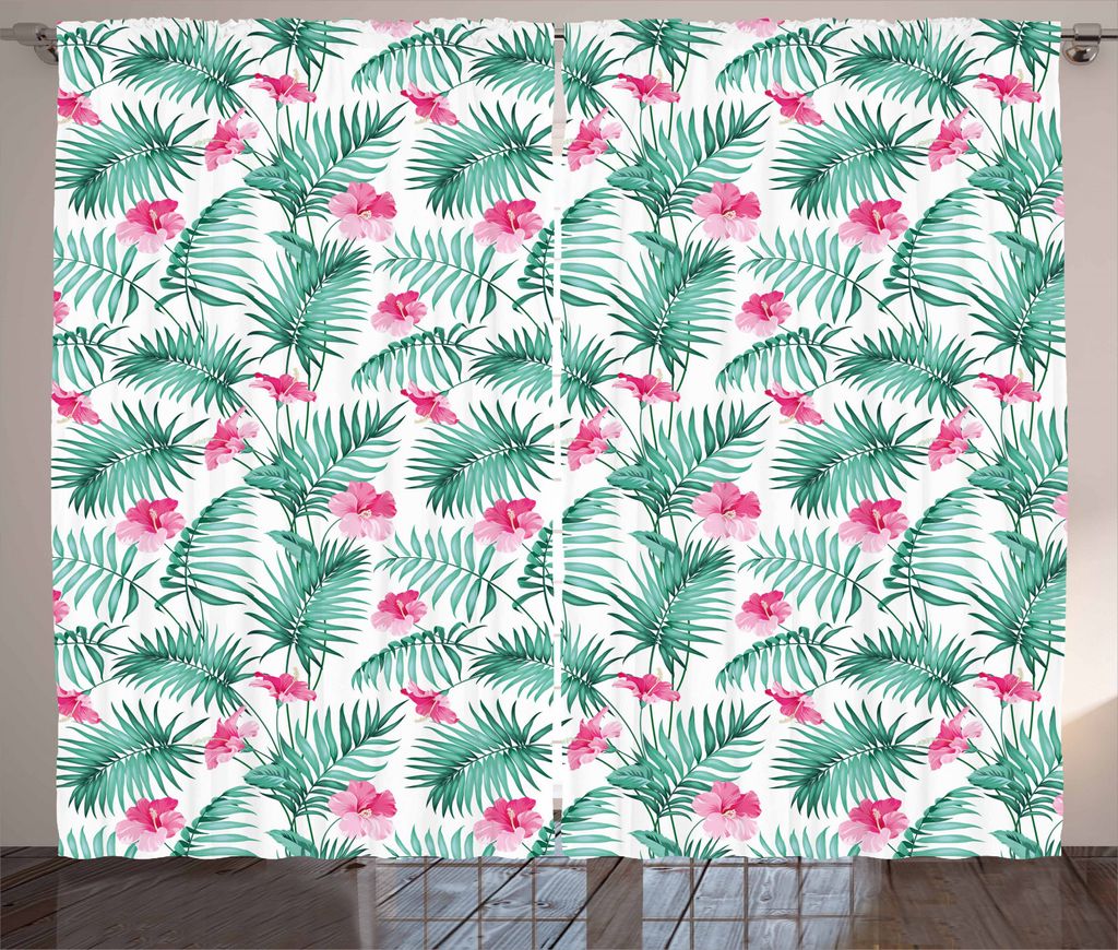 ABAKUHAUS Aquarell Rustikaler Gardine, Tropic Ferns Blumen, Schlafzimmer Kräuselband Vorhang mit Schlaufen und Haken, 280 x 245 cm, Seafoam Rosa