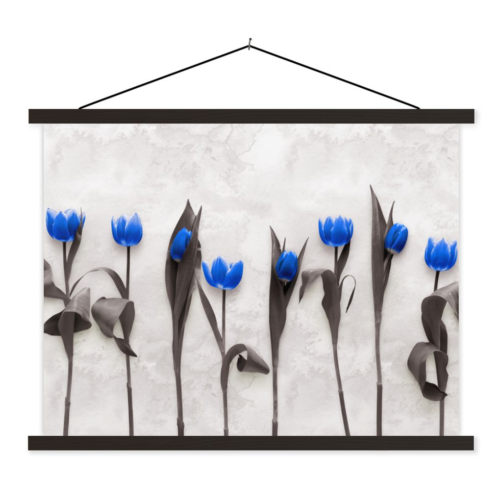 MuchoWow Textilposter Blumen - Tulpen - Blau 120x90 cm mit schwarzem Rahmen - Aufhänger für Poster