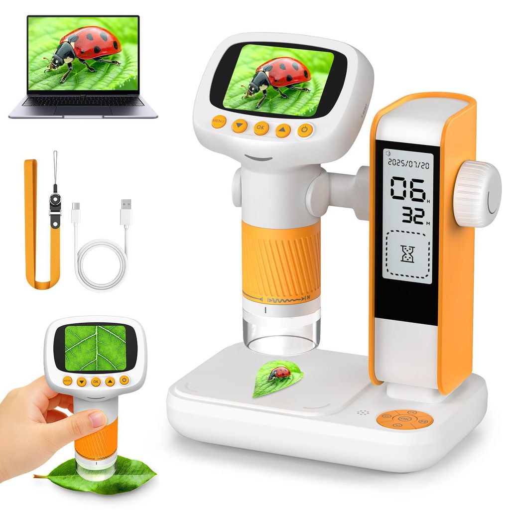 2-in-1 Digitales Mikroskop für Kinder mit Wecker, 1000X Vergrößerung Tragbares Taschenmikroskop mit 2" Bildschirm, 8GB Karte, USB PC-Anschluss