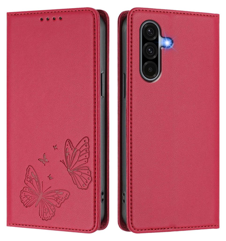 Lederhülle für Samsung Galaxy A36 5G, Schmetterling Prägung Leder Brieftasche Schutzhülle mit Ständer Rot