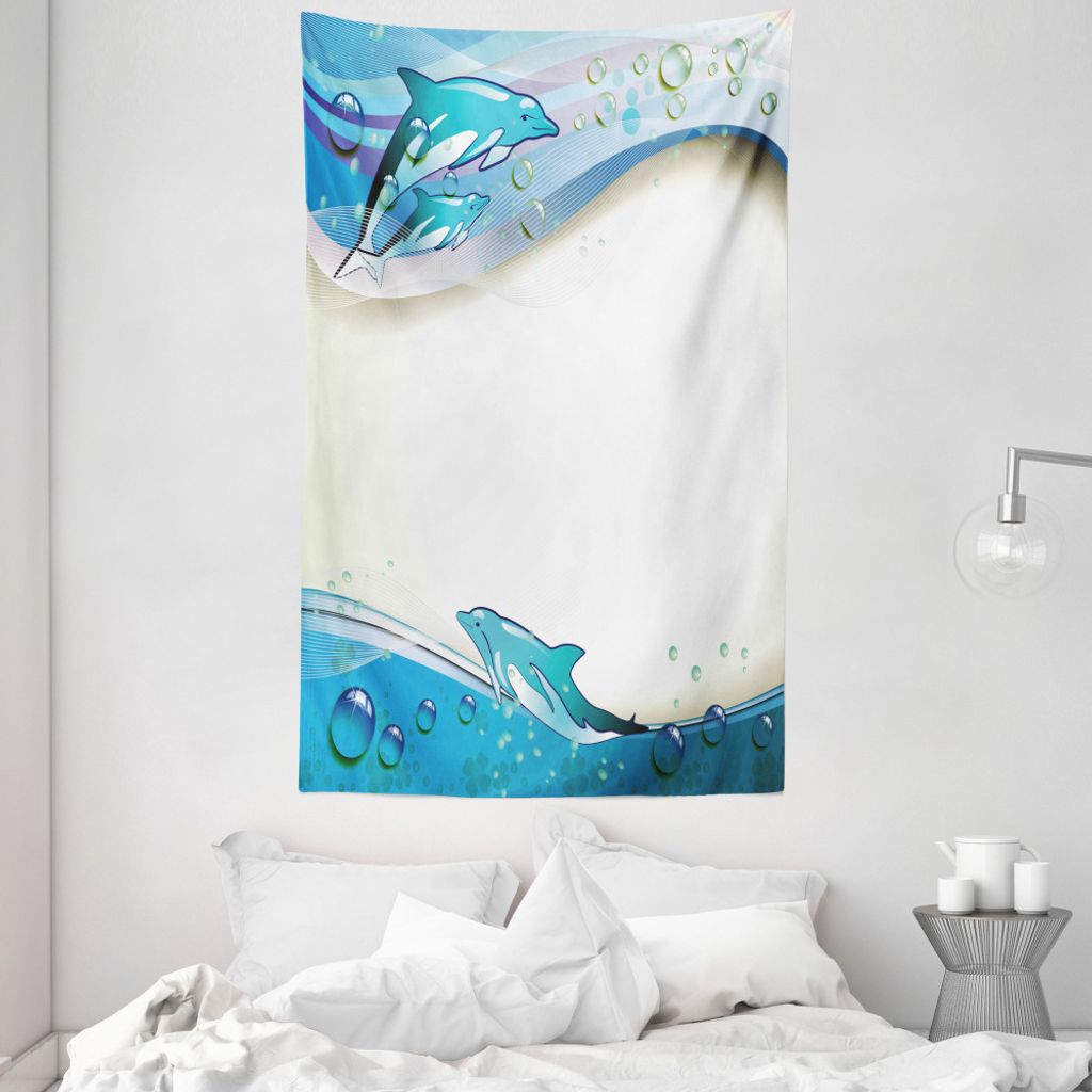 ABAKUHAUS Ozean Wandteppich und Tagesdecke, Dolphins Sea Waves Drops aus Weiches Mikrofaser Stoff Waschbar ohne Verblassen Digitaldruck, 140 x 230 ...