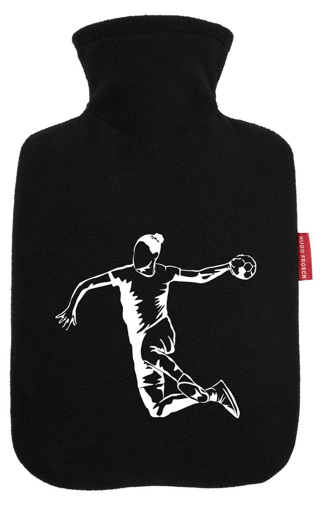 Huuraa Wärmflasche Handball Silhouette 1,8 Liter Black Classic Veloursbezug Bettflasche Geschenkidee