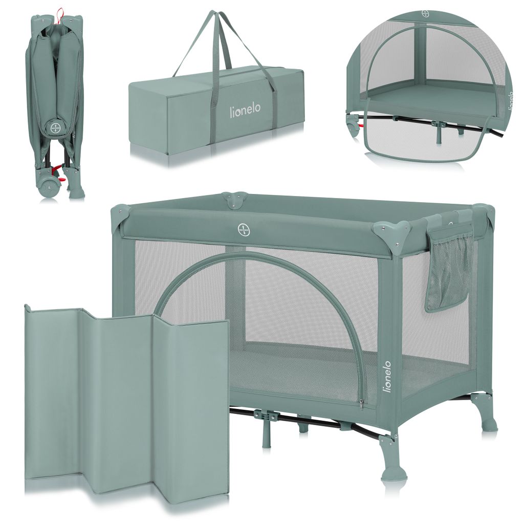 A collage of images showing a travel crib and its accessories, including a folded crib, a carrying bag, a mosquito net, and a foldable mat.