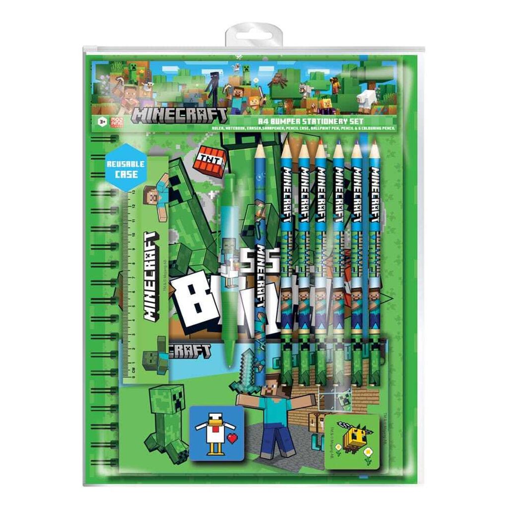 A Minecraft-themed stationery set displayed in its packaging.
