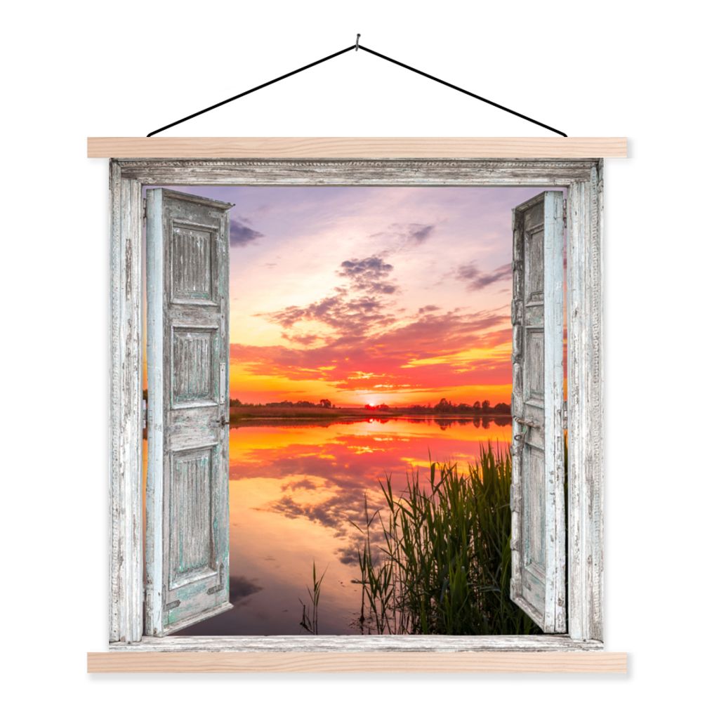 MuchoWow Textilposter Landschaft - Sonnenuntergang - Wasser - Aussicht 60x60 cm mit holzfarbenen Rahmen - Wanddekoration