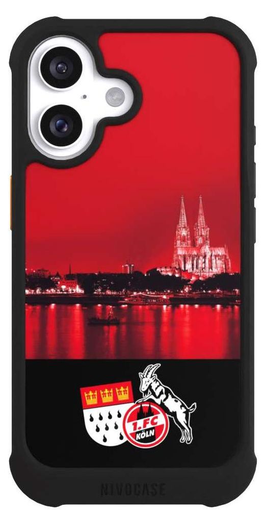 NIVOCASE Hülle für Apple iPhone 16 Stoßfeste Handyhülle NIVOmax Case Schwarz 1. FC Köln Offizielles Lizenzprodukt Skyline