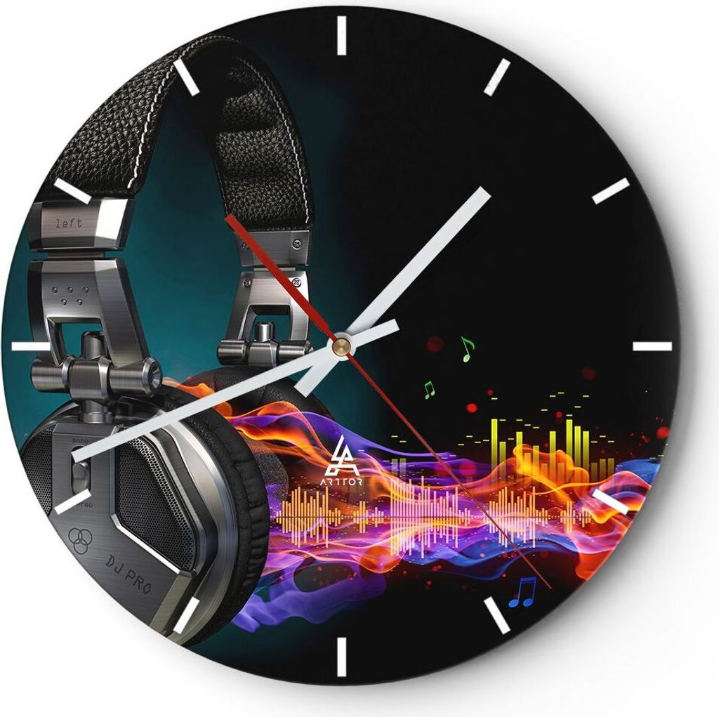 Wanduhr - Rund - Glasuhr - Feuer Audio Kopfhörer - 40x40cm - Schleichendes Uhrwerk - Lautlos - zum Aufhängen bereit - Dekoration Modern - Wanddek...