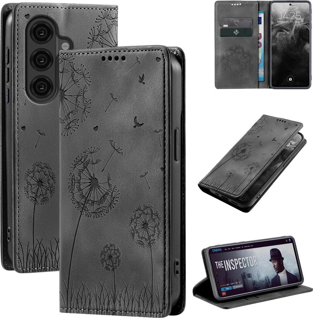 Handyhülle für Samsung Galaxy S26 RFID Schutz Klapphülle Case Cover Design Blume Pusteblume Schutzhülle Farbe: Schwarz