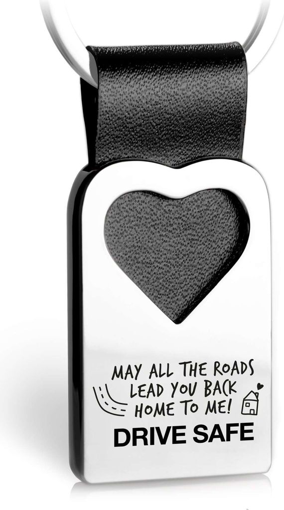 FABACH Herz Schlüsselanhänger mit Gravur aus Leder - Auto Fahr Vorsichtig Glücksbringer Anhänger für Ihren Lieblingsmensch - May All The Roads...