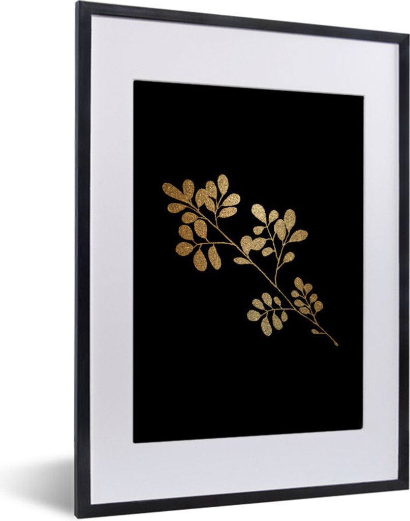 MuchoWow MuchoWow Gerahmtes Poster Blätter - Zweig - Gold 30x40 cm - Poster mit zchwarzem Bilderrahmen - Wandposter Schlafzimmer