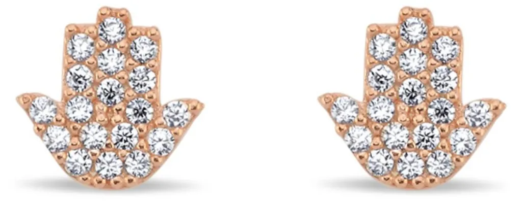 Boucles d'oreilles Dormeuses Argent 925 Main de Fatima Rose et Zircon