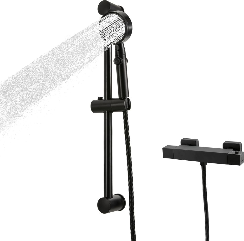 A black thermostatic shower mixer system with a showerhead and a wall-mounted control panel, shown against a white background.