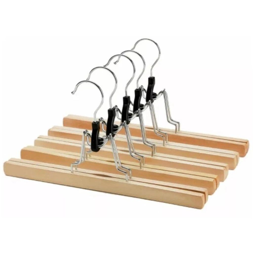 5 Stück Hosenspanner Kleiderbügel aus Holz Hosenbügel Rutschfest - Verchromt Haken 360 Grad drehbar Klemmbügel Hosenhalter Hosenbügel Holz Hosen