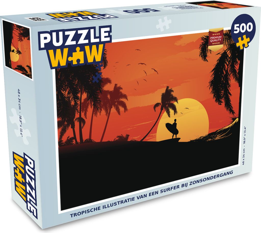 MuchoWow Puzzle 500 Teile Tropische Illustration eines Surfers bei Sonnenuntergang - 500 Teile - Kinder - Selberbauen - Puzzlespiele