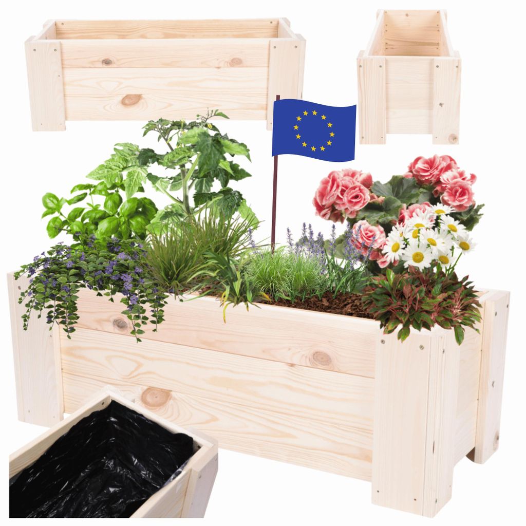 MODO24 Pflanzkübel Holz, Pflanzkasten, Blumenkasten, Kiefer, Schutzfolie, Wetterfest, Balkon, Garten, 30x90x33 cm, Natur Imprägniert, RDZP