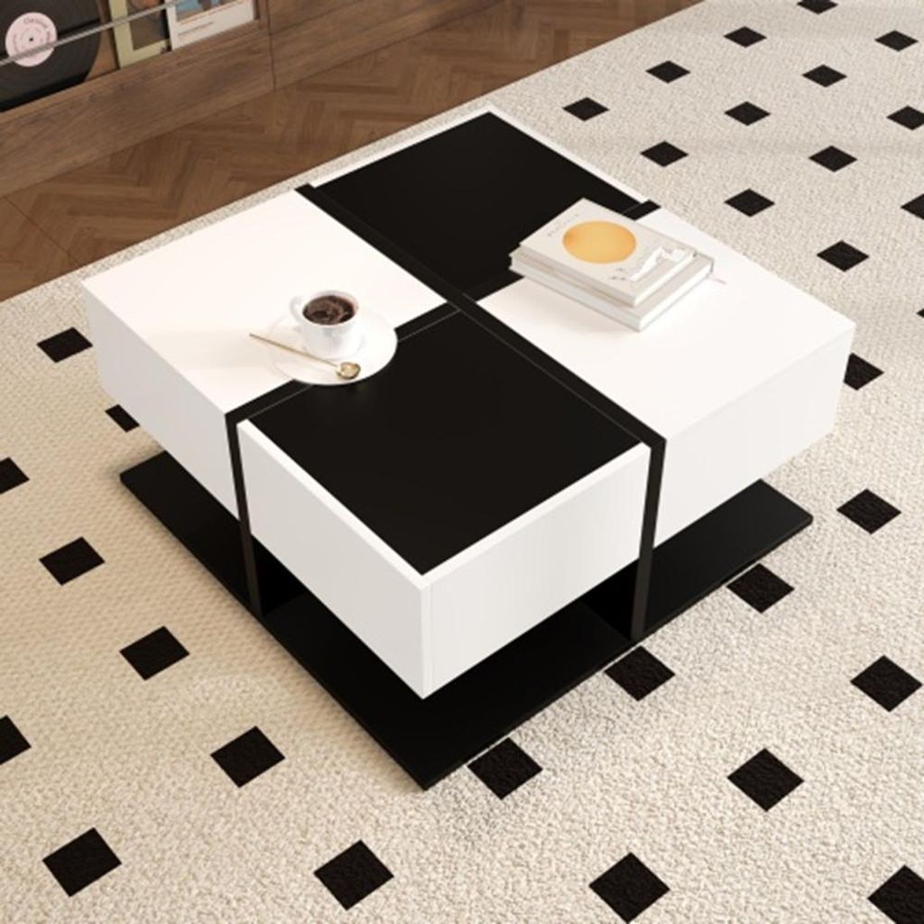 Couchtisch mit 2 Schubladen, Quadratischer Wohnzimmertisch mit Stauraum, Hochglanz Kaffeetisch mit Schubladenschienen 70×70×35,5 cm