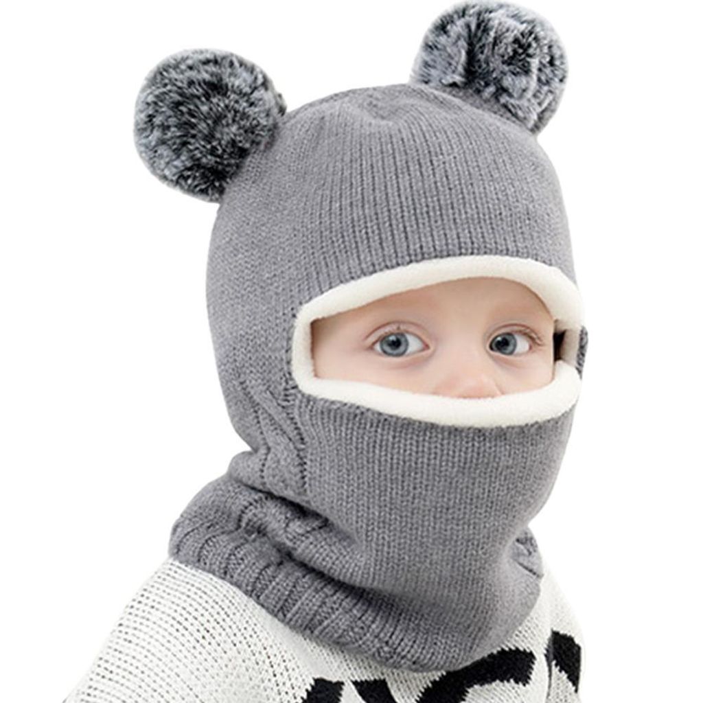 Kinder Wintermütze Schal Set gestrickte Mütze Schal Ohrenklappe dicke Fleece gefüttert warme Kapuze Hut mit Pompons für Mädchen Jungen