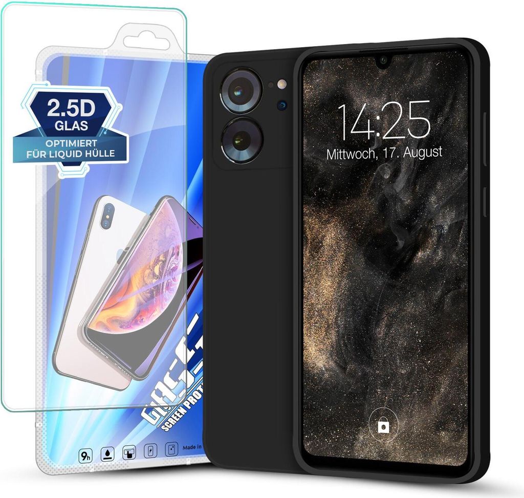 A black smartphone case and a screen protector are displayed together against a white background.