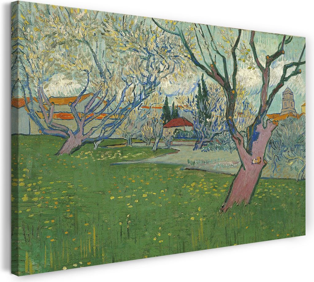 Leinwandbild (120x80cm): Vincent van Gogh - Blühende Obstgärten Blick auf Arles, echter Holz-Keilrahmen inkl. Aufhänger, handgefertigt in Deutsc...