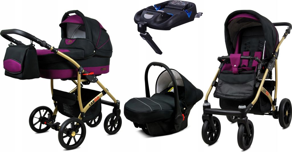 BabyLux Largo | 4in1 Kinderwagen Set | Black Purple | Kombikinderwagen | Kinderwagenset | Isofi
