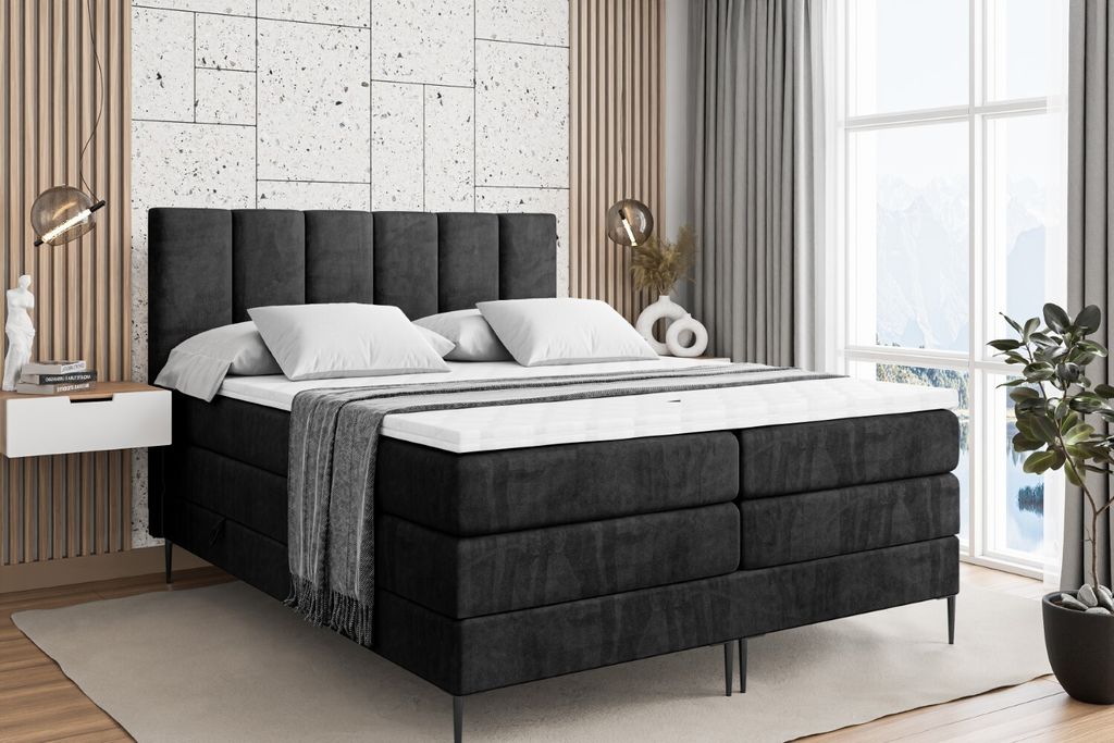 ALTDECOR Boxspringbett mit Schwarz Füßen, Matratze und Lattenrost, Topper, Polsterbett mit Bettkasten, Bett mit Stauraum H3- und H4- Matratze, Do...