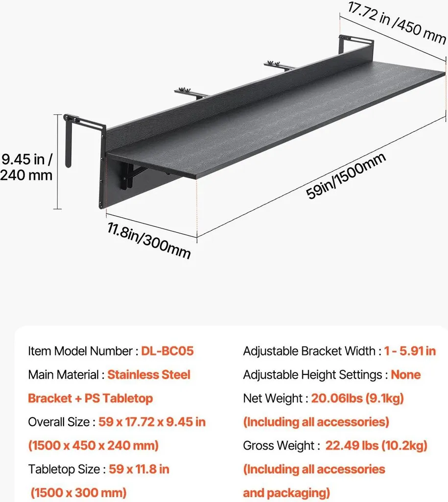 Table de Balcon Design en Inox avec Support Réglable Format 12x59 Pouces