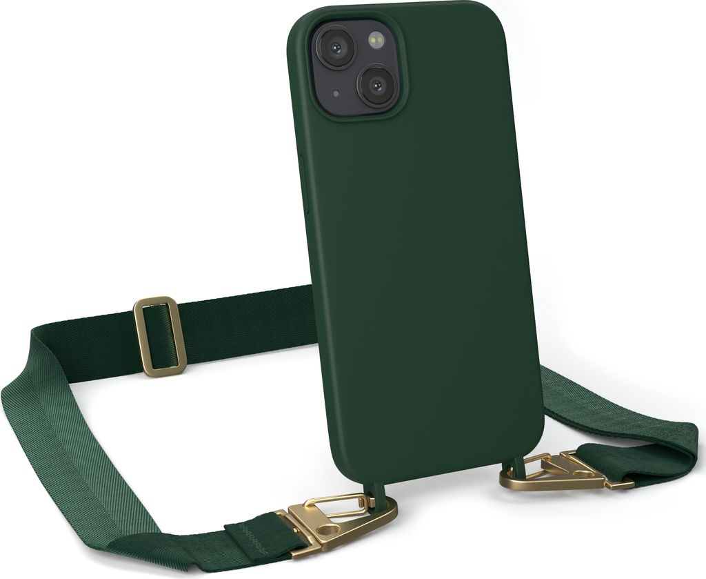 EAZY CASE Handykette Silikon mit Clips 2 in 1 kompatibel mit Apple iPhone 13 Handyhülle mit Kordel, Hülle mit Band, Kette, Grün - Clips Gold