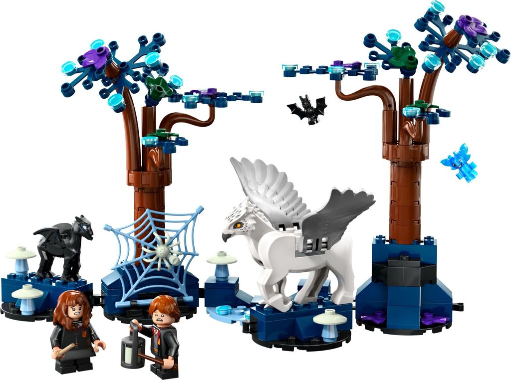 A LEGO set depicting a scene from the Forbidden Forest with magical creatures.