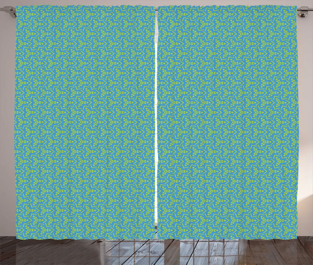 Rideau à motifs abstraits aléatoires bleu et jaune avec boucles incluses