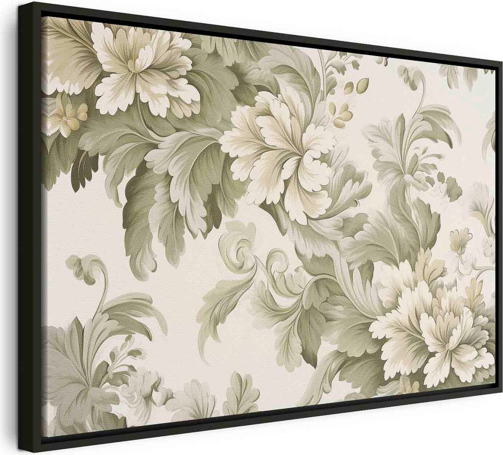 Italienischer Leinwand Leinwandbild - Retro Vintage Flowers in Delicate Cream and Green Colors 60x40 cm Blumen f-H-10015-b-a