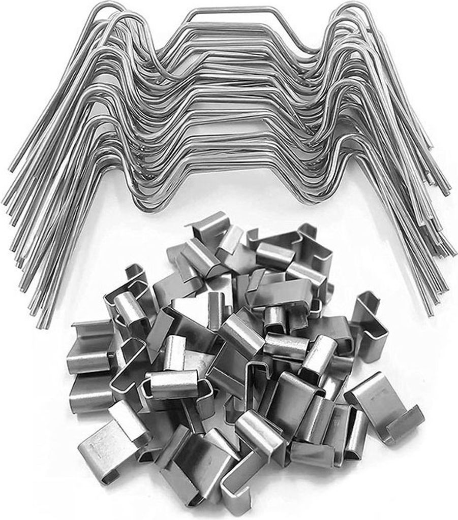 A pile of metal greenhouse clips and a stack of metal greenhouse hoops on a white background.