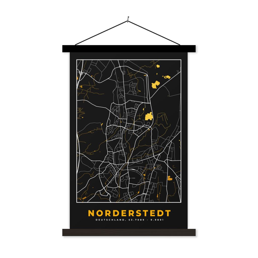 MuchoWow Textilposter Karte - Norderstedt - Gold - Stadtplan - Deutschland 60x90 cm mit schwarzem Rahmen - Poster Wohnzimmer