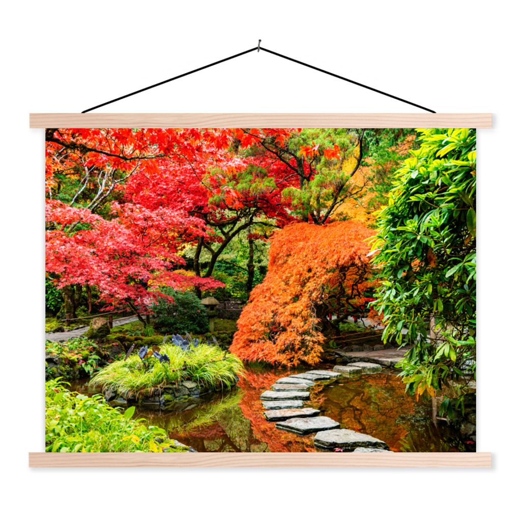 MuchoWow Textilposter Bäume - Japanisch - Steine - Weg - Natur 120x90 cm mit holzfarbenen Rahmen - Magnetisch