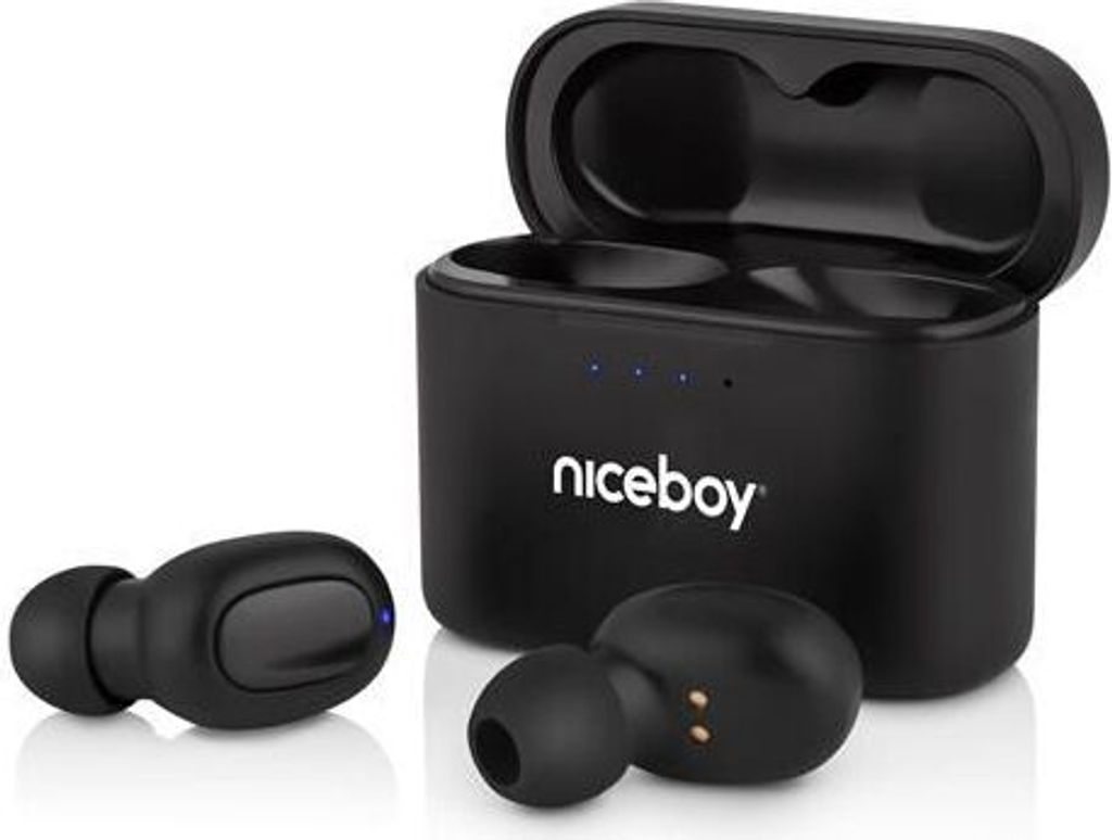A pair of black wireless earbuds and their charging case are displayed on a white background.