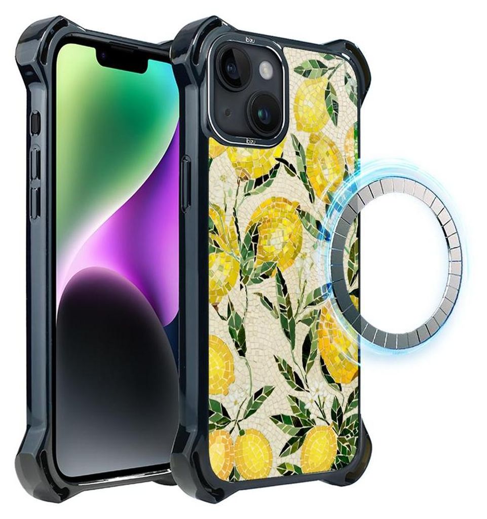 Schutzhülle für das iPhone 14, MagSafe-kompatibel, verstärkte Ecken, schwarz, Obst, Zitronen, Mosaik