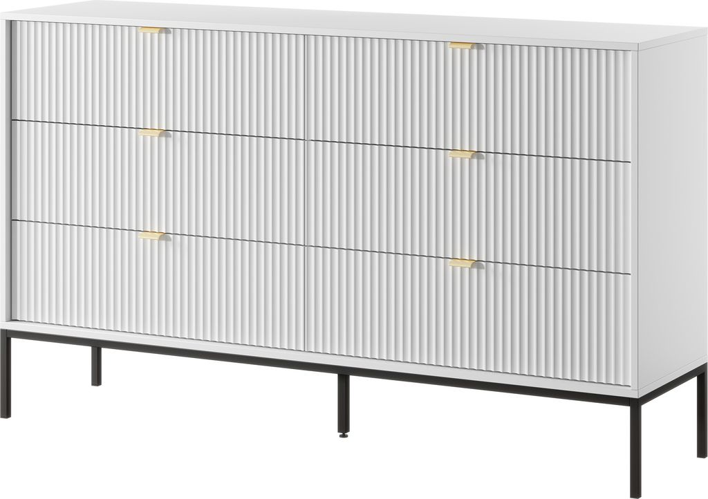 Masseno Kommode STELLARE 154 cm Sideboard mit 6 Schubladen für Wohnzimmer Schlafzimmer Modern 154x39x91 cm Weiß / Weiß