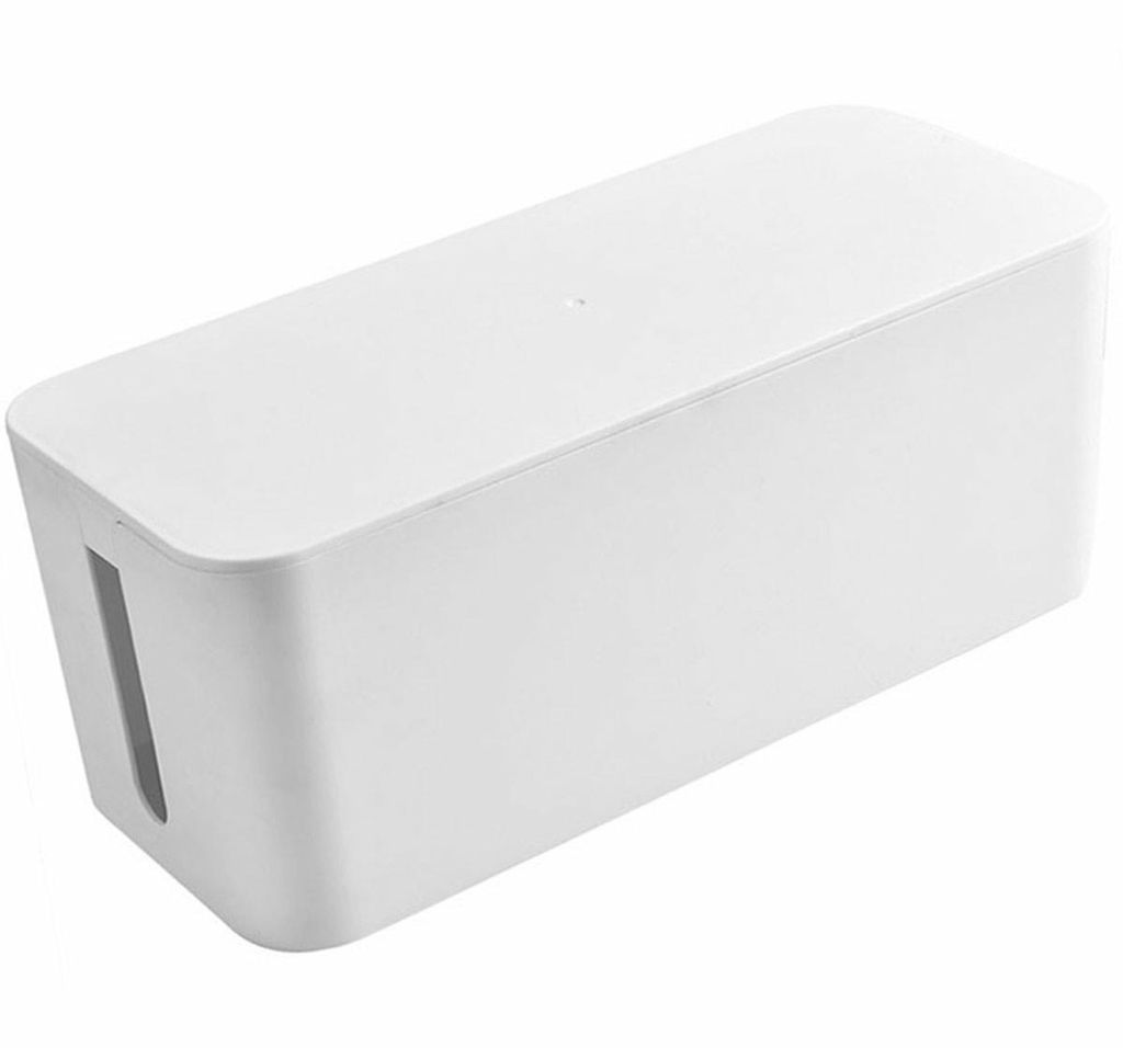 A white cable management box shown from a slightly elevated side angle against a white background.