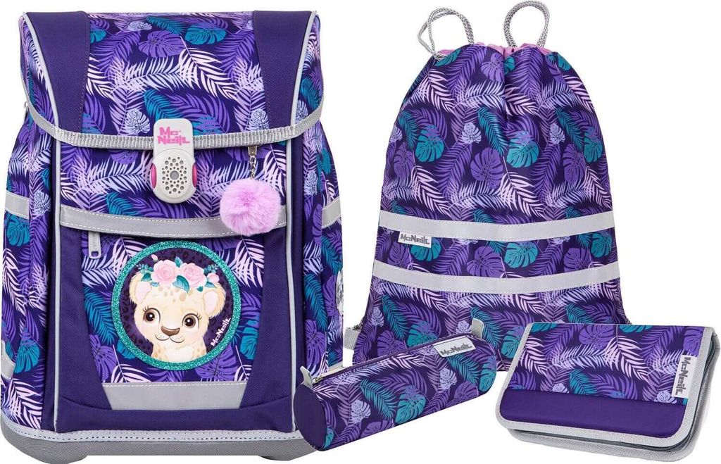 A set of school supplies with a jungle-themed pattern.
