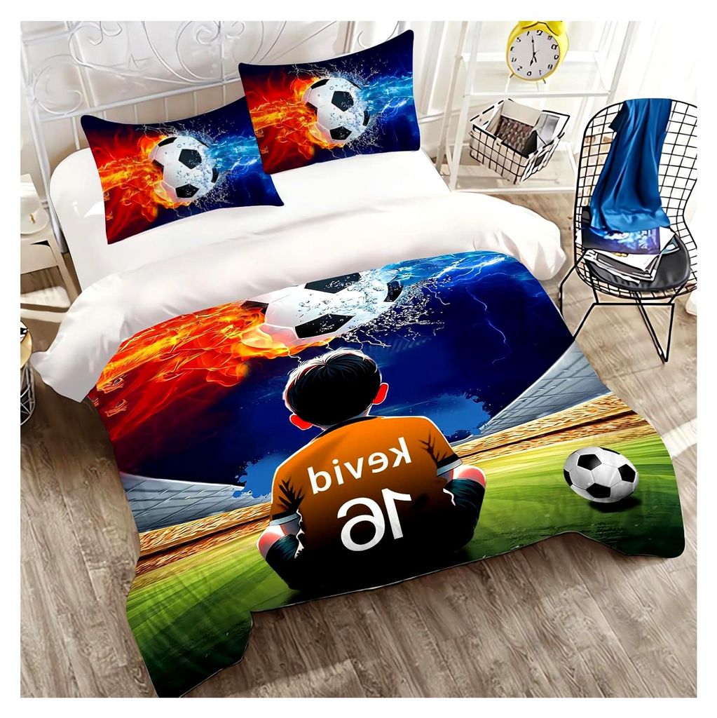 Personalisierte Bettwäsche mit Namen im Sportthema Fußball, Bettbezug mit Reißverschluss (135x200 cm, 3-teilig)