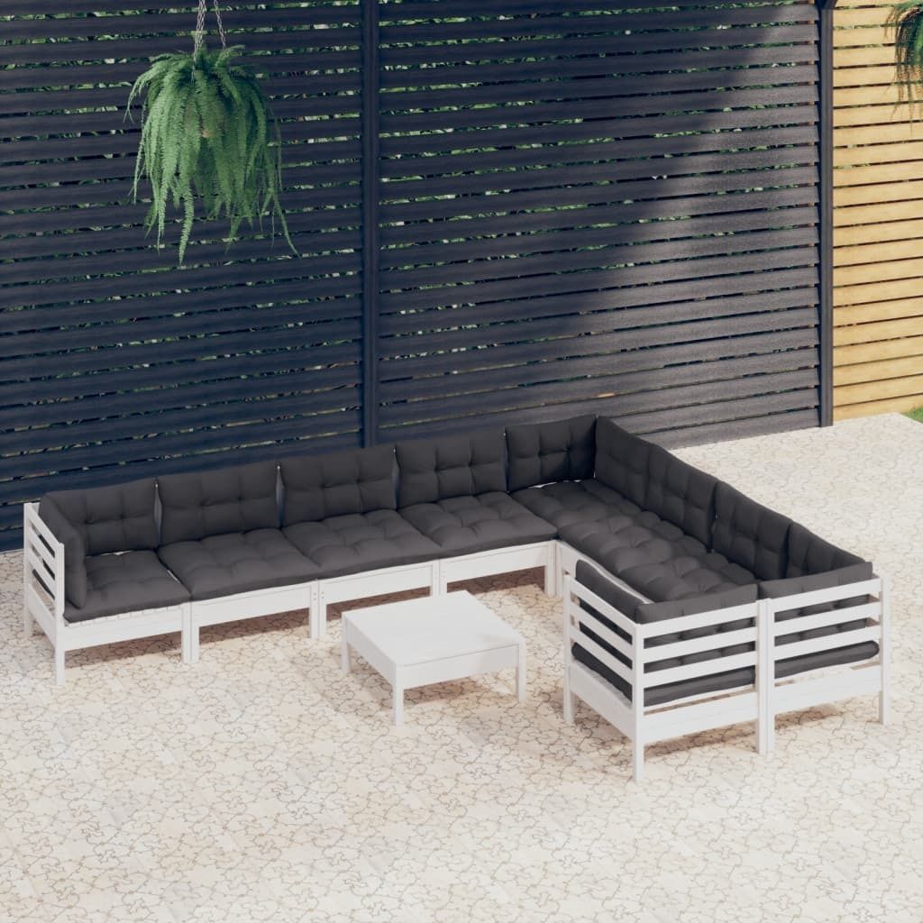ZMH 10-tlg. Garten-Lounge-Set mit Kissen Weiß Kiefernholz