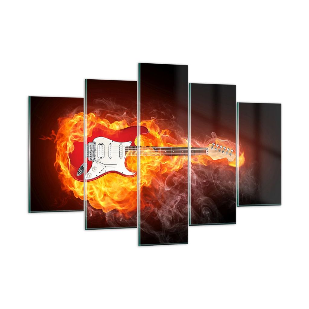 Bilder auf glas - Flammen Gitarre Instrument - 150x100cm - Glasbilder - Wandbilder - Kunstdruck - zum Aufhängen bereit - Wanddekoration aus Glas -...