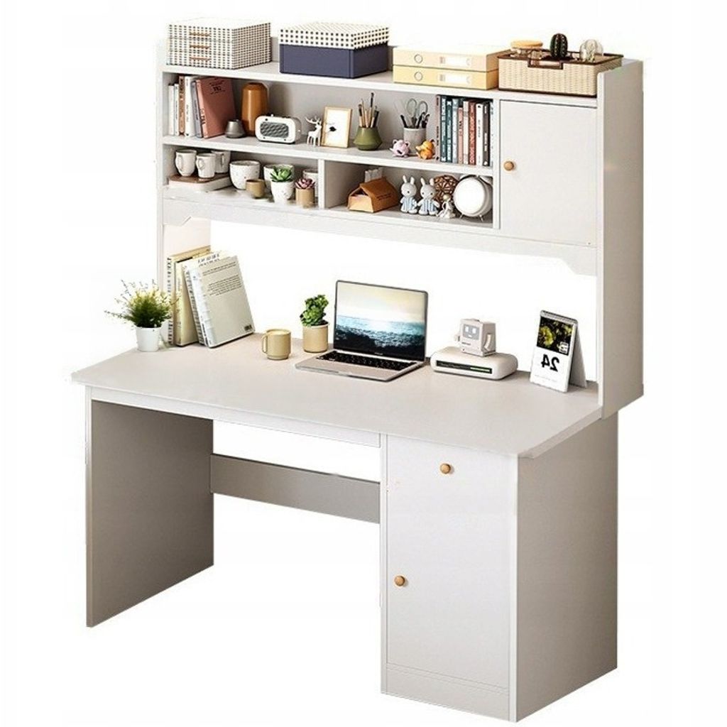 A white computer desk with a hutch filled with decorative items and books.
