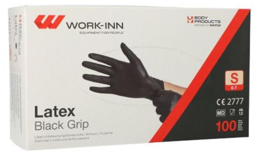 WORK-INN/PS 100 "WORK-INN/PS" Handschuhe, Latex puderfrei "Black Grip" schwarz Größe S | Spenderkarton (100 Stück)