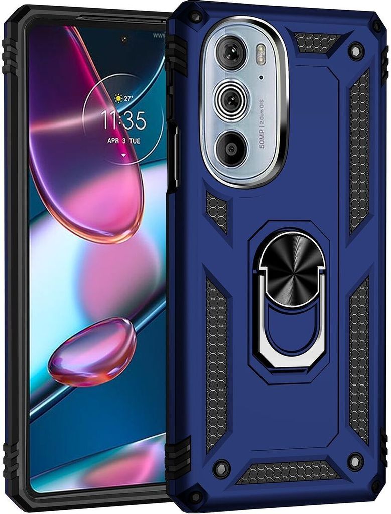 Mobigear Armor Ring Motorola Edge 30 Pro Hülle Hardcase Backcover Stoßfest mit Ringhalter - Blau