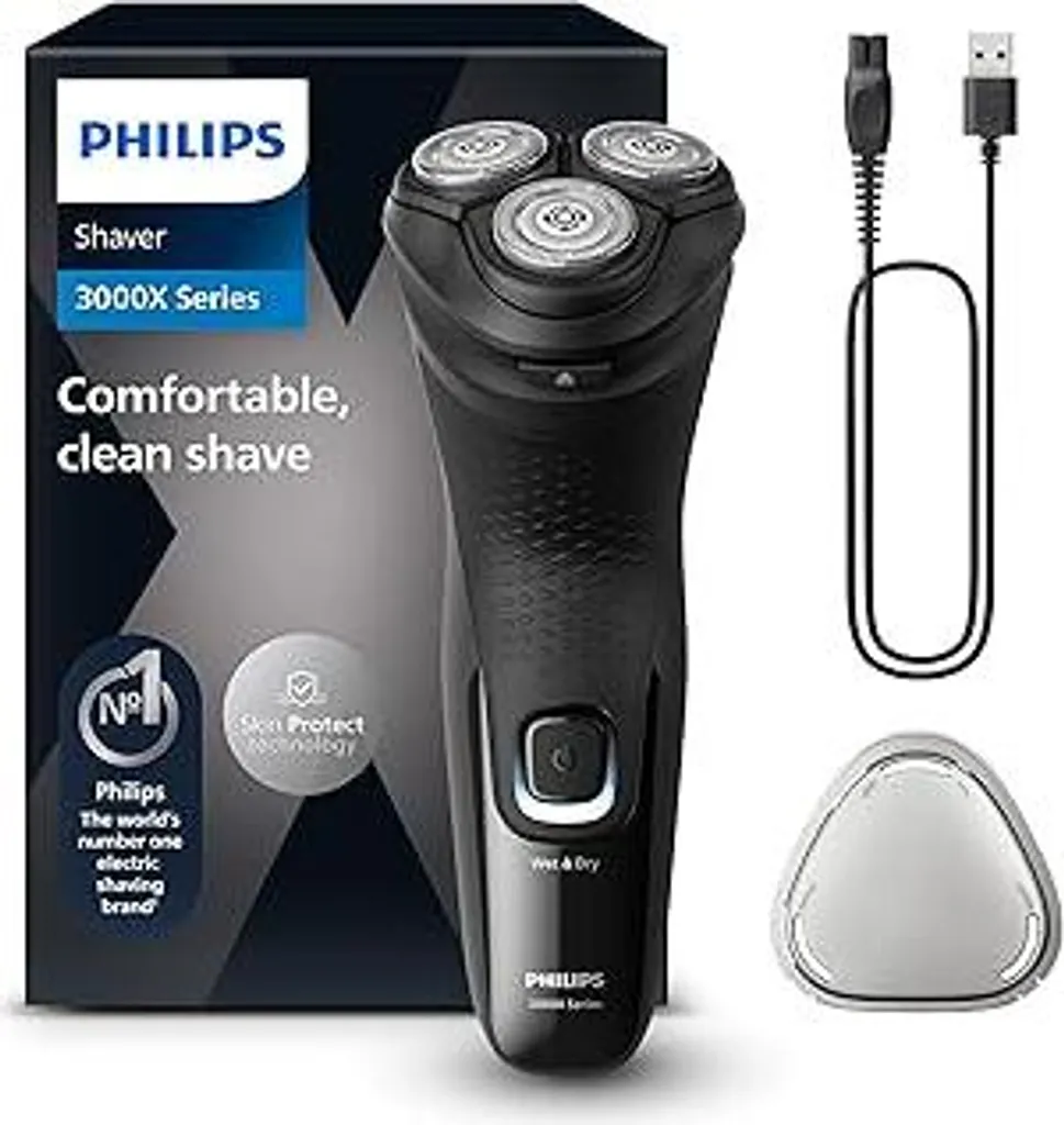 Philips Shaver Series 3000X – Rasoio elettrico per uomo nero, rasatura su pelle bagnata e asciutta, con tecnologia SkinProtect, regolabarba ribaltabile (modello X3001/00)