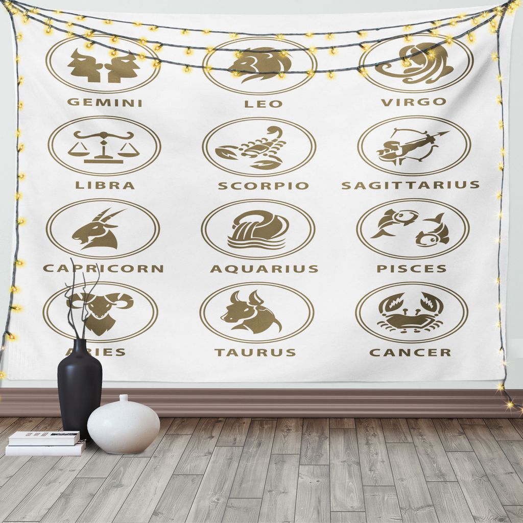 ABAKUHAUS Astrologie Wandteppich, Klassisches Zodiac-Diagramm, Wohnzimmer Schlafzimmer Wandtuch Seidiges Satin Wandteppich, 150 x 100 cm, Sepia Weiß